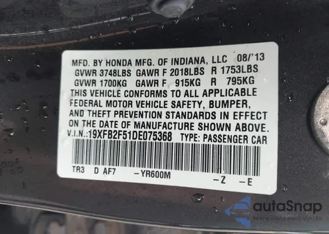2013 Honda Civic Lx z USA, uszkodzony, nr VIN 19XFB2F51DE075368